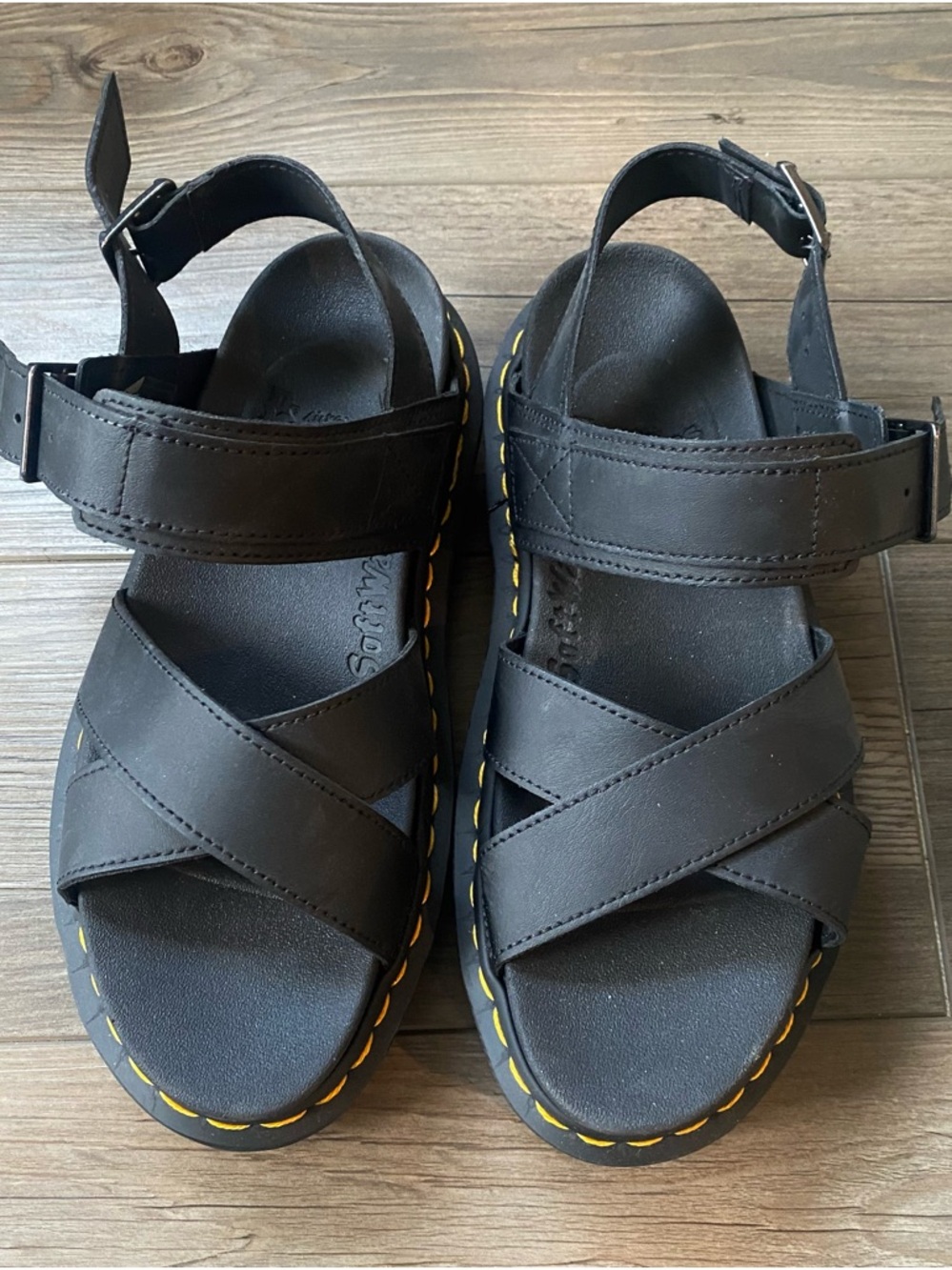 Dr. Martens Black Leather Women's Sandals with Yellow Stitching Accent